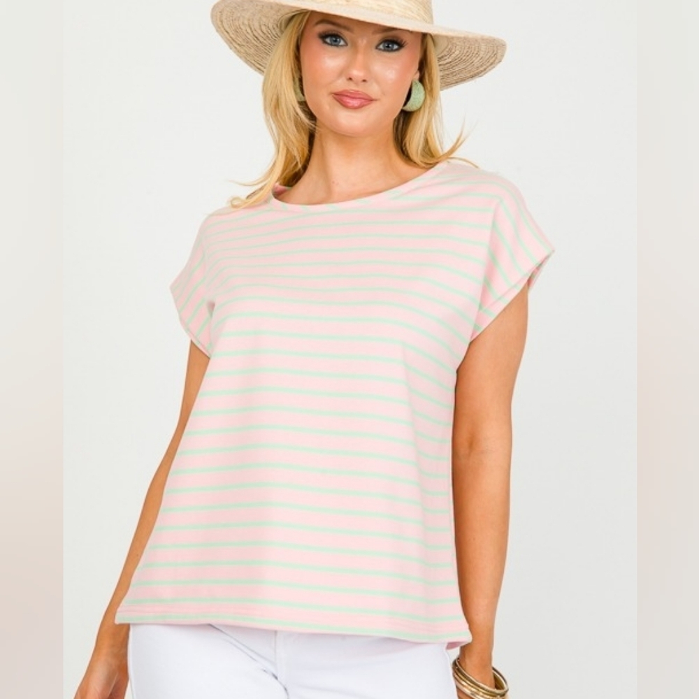 Women's Pink/Green Stripe Short Sleeve Top, Stripe Muscle Top
